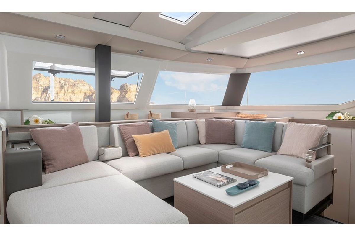 Salon of Greek Beauty, a Fountaine Pajot Elba 45 catamaran at Parikia, Greece