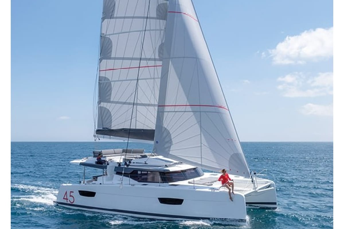 Exterior view of Greek Beauty, a Fountaine Pajot Elba 45 catamaran at Parikia, Greece