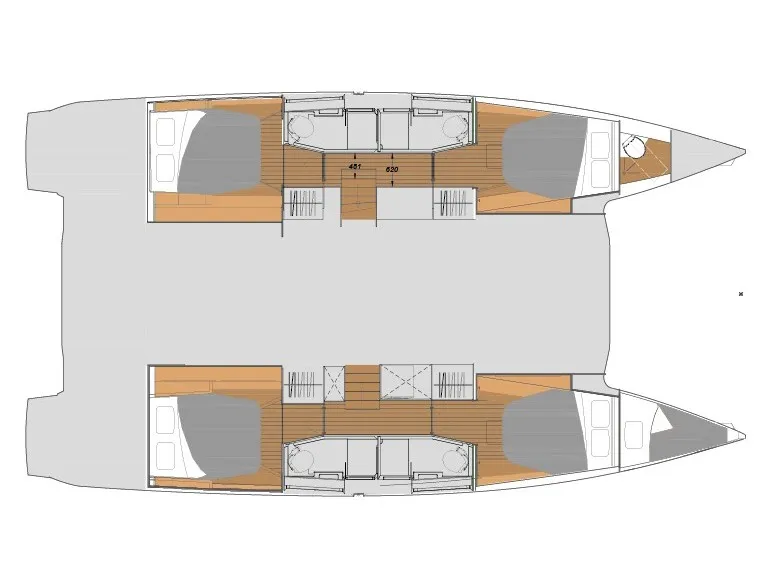 Floor plan of Greek Beauty, a Fountaine Pajot Elba 45 catamaran at Parikia, Greece