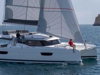 Exterior view of Greek Beauty, a Fountaine Pajot Elba 45 catamaran at Parikia, Greece
