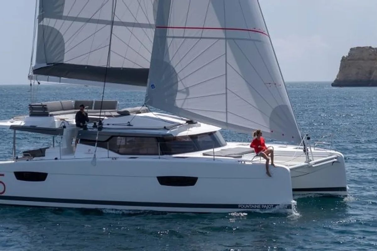 Exterior view of Greek Beauty, a Fountaine Pajot Elba 45 catamaran at Parikia, Greece