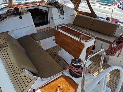 Cockpit of Fines De Claires, a Elan Impression 50 sailboat at Općina Baška Voda, Croatia