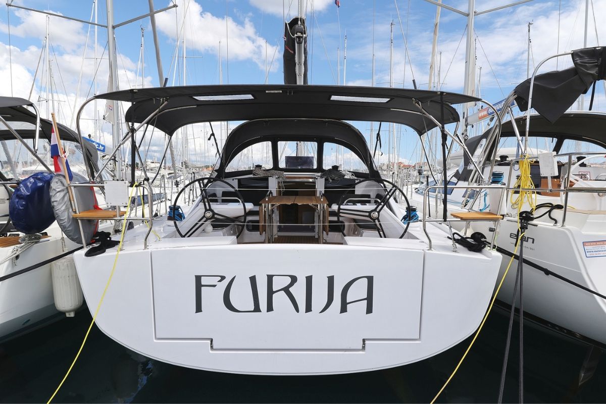 Exterior view of Furija, a Elan Impression 45 sailboat at Grad Biograd na Moru, Croatia