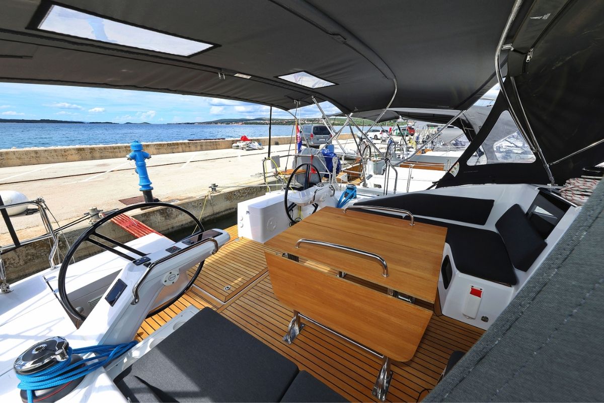 Cockpit of Furija, a Elan Impression 45 sailboat at Grad Biograd na Moru, Croatia