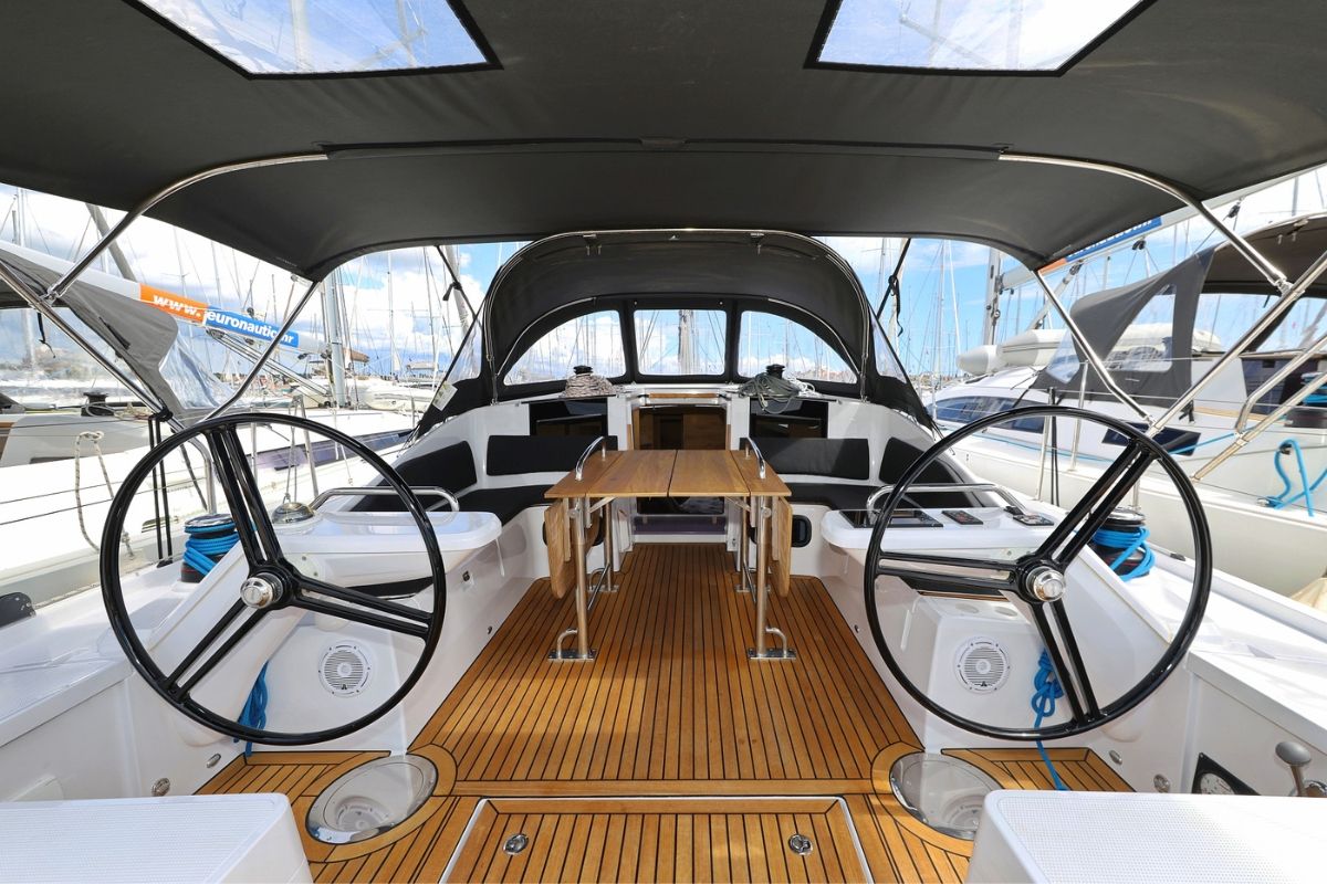 Cockpit of Furija, a Elan Impression 45 sailboat at Grad Biograd na Moru, Croatia