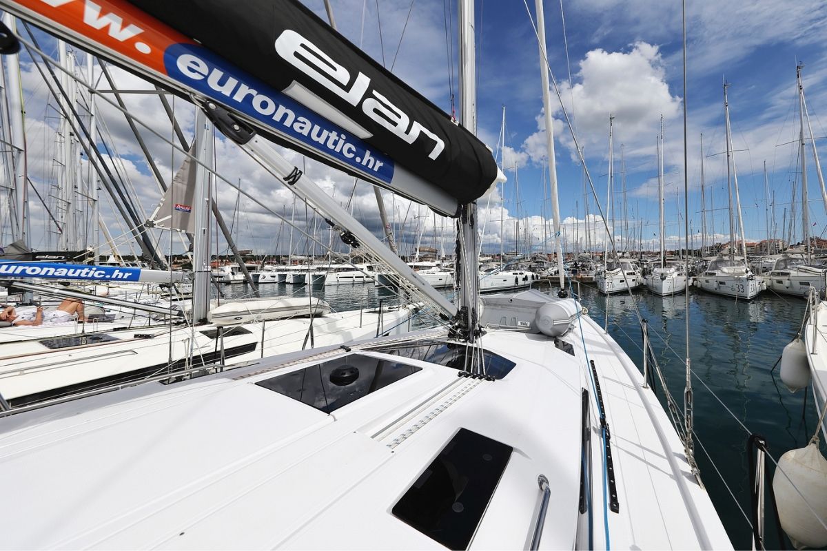 Deck of Furija, a Elan Impression 45 sailboat at Grad Biograd na Moru, Croatia