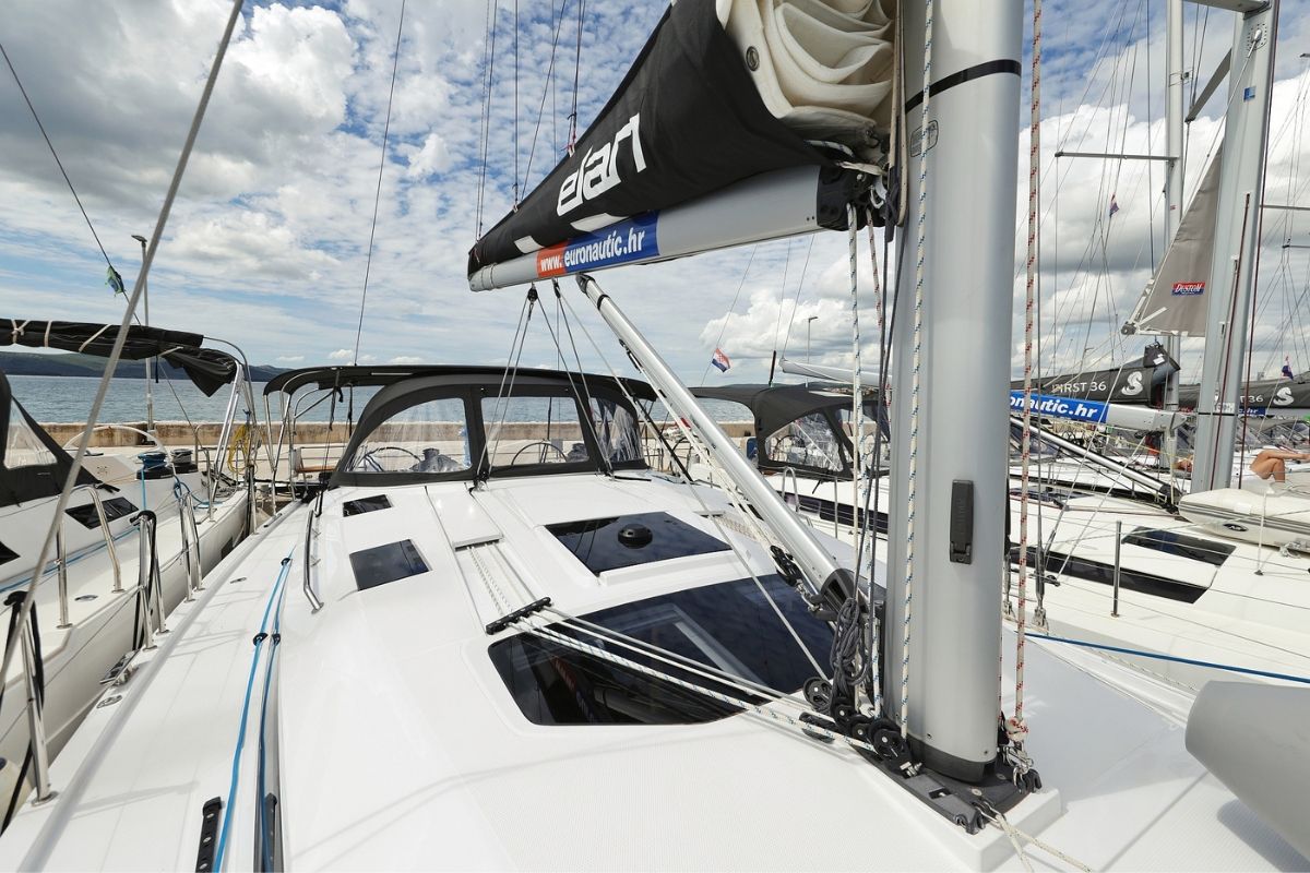 Deck of Furija, a Elan Impression 45 sailboat at Grad Biograd na Moru, Croatia