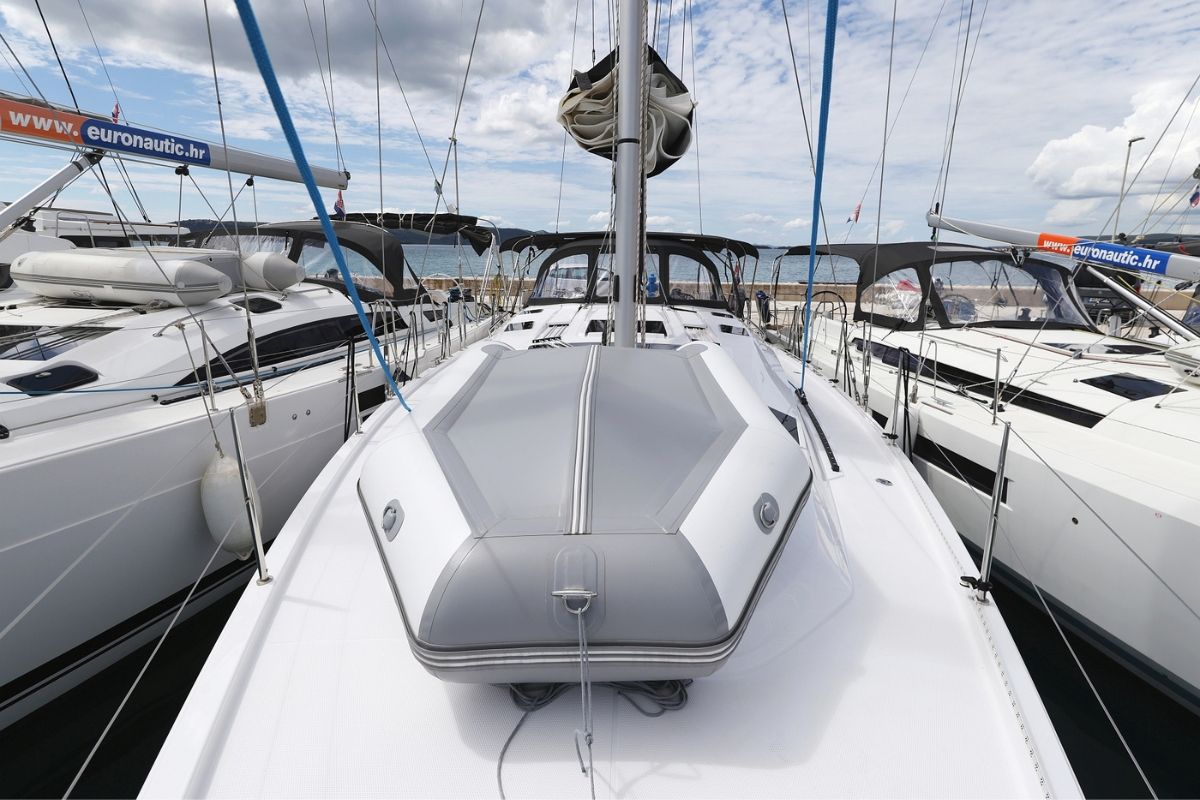 Deck of Furija, a Elan Impression 45 sailboat at Grad Biograd na Moru, Croatia