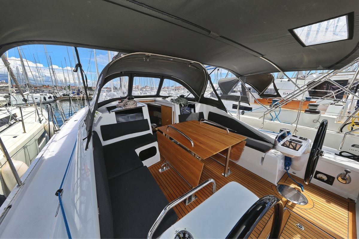 Cockpit of Furija, a Elan Impression 45 sailboat at Grad Biograd na Moru, Croatia
