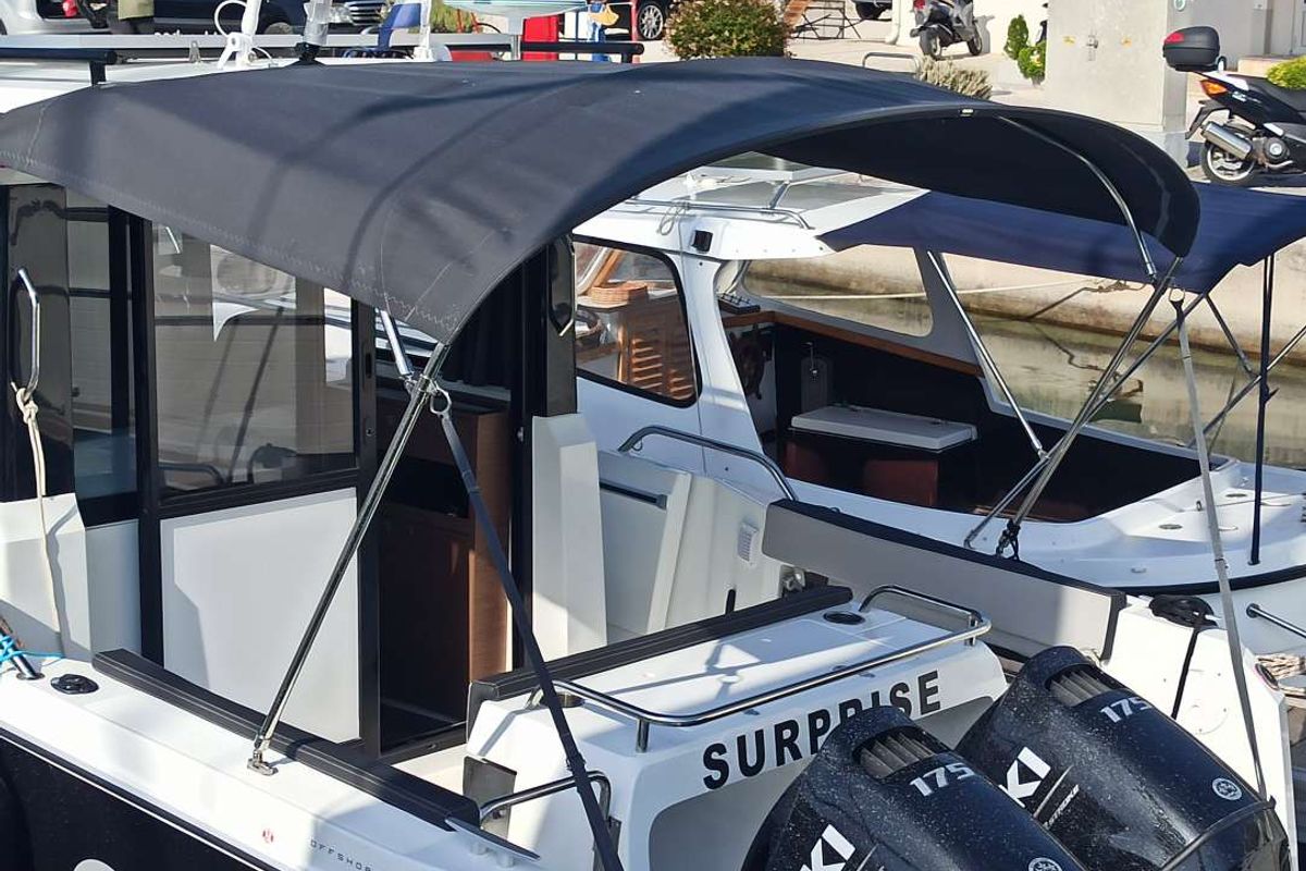 Deck of Surprise, a Jeanneau Merry Fisher 895 Sport Offshore motorboat at Punat, Croatia