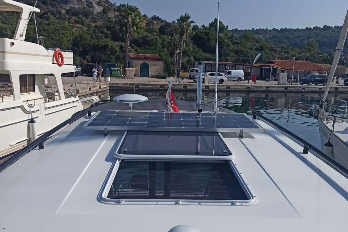 Deck of Surprise, a Jeanneau Merry Fisher 895 Sport Offshore motorboat at Punat, Croatia