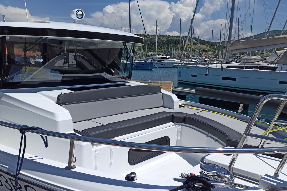 Deck of Surprise, a Jeanneau Merry Fisher 895 Sport Offshore motorboat at Punat, Croatia