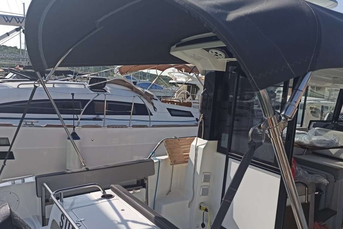 Deck of Surprise, a Jeanneau Merry Fisher 895 Sport Offshore motorboat at Punat, Croatia
