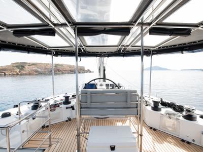 Cockpit of FOR SAIL, a Lagoon 560 catamaran at Municipal Unit of Nea Peramos, Greece