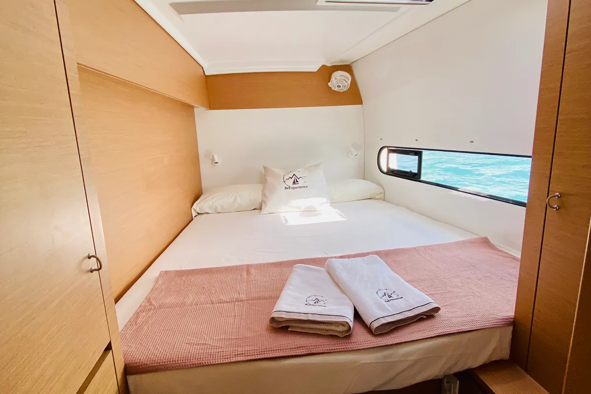 Cabin on Moana Mallorca Crewed, a Excess 11 catamaran at Port d'Andratx, Spain