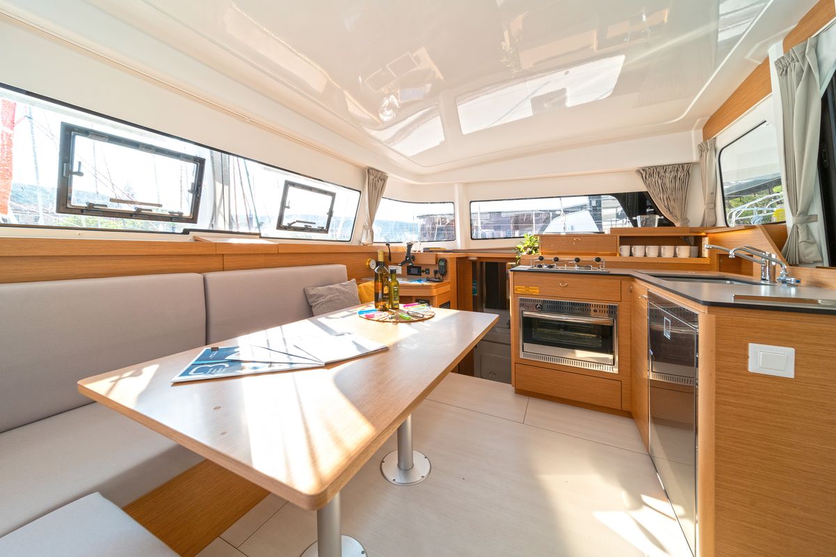 Salon of First Glimpse, a Excess 11 catamaran at Skradin, Croatia