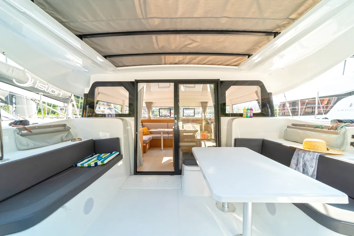 Deck of First Glimpse, a Excess 11 catamaran at Skradin, Croatia