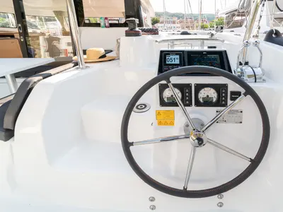 Cockpit of First Glimpse, a Excess 11 catamaran at Skradin, Croatia