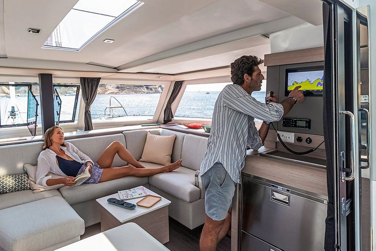 Salon of Almiriki, a Fountaine Pajot Isla 40 catamaran at Parikia, Greece