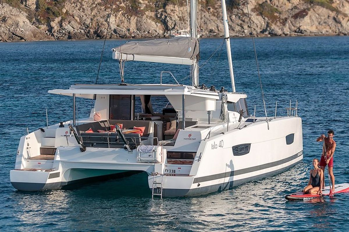 Exterior view of Almiriki, a Fountaine Pajot Isla 40 catamaran at Parikia, Greece