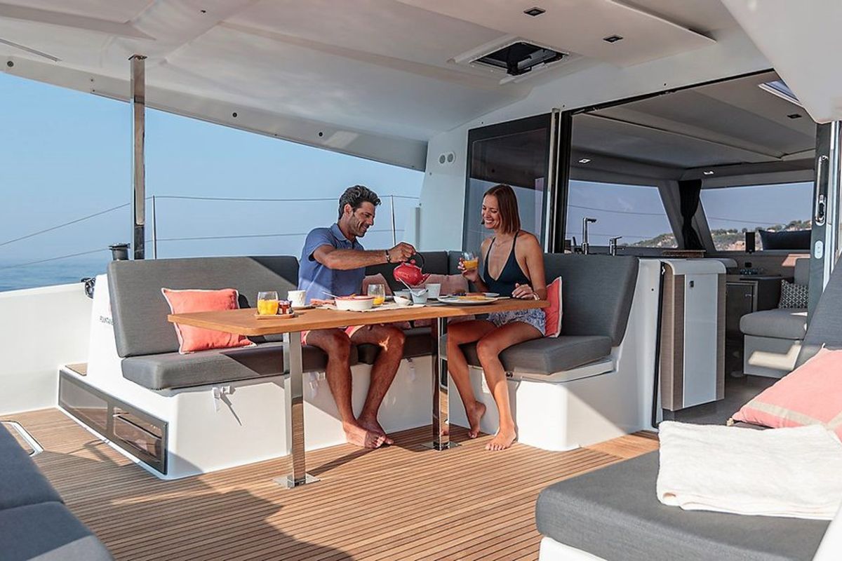 Deck of Almiriki, a Fountaine Pajot Isla 40 catamaran at Parikia, Greece