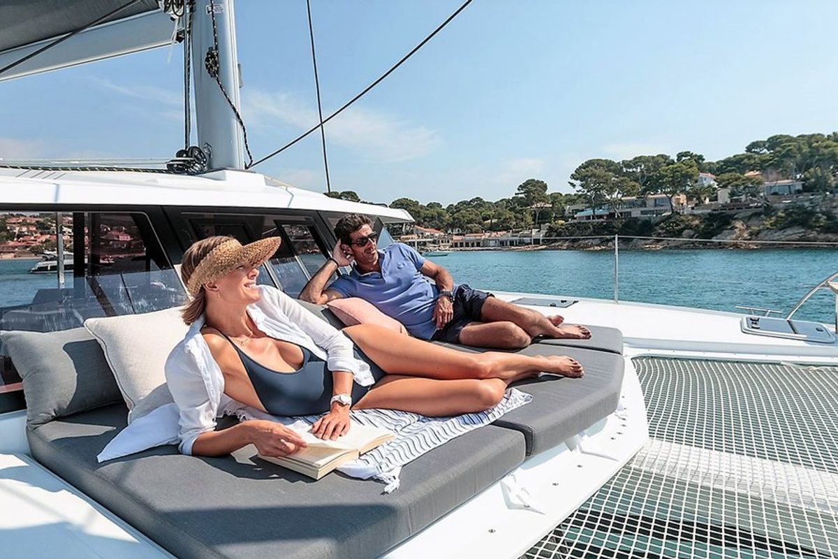 Deck of Almiriki, a Fountaine Pajot Isla 40 catamaran at Parikia, Greece