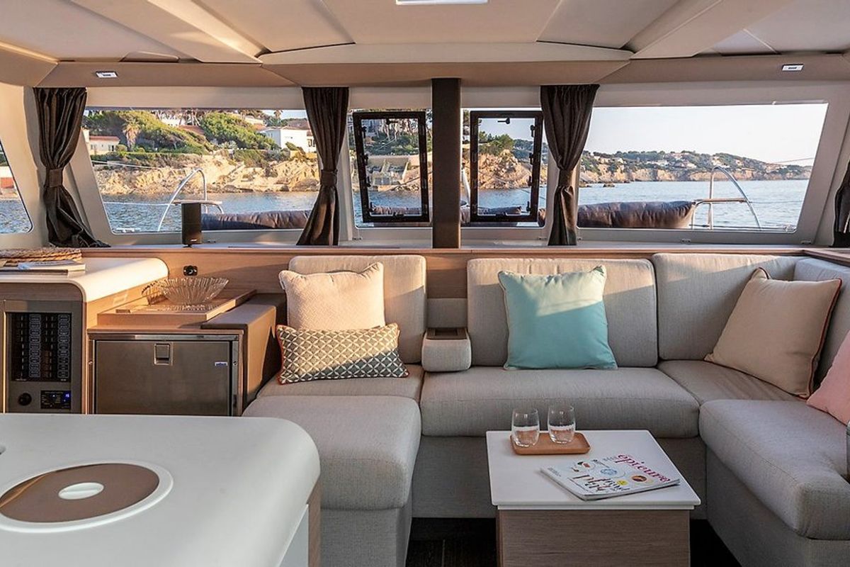 Salon of Almiriki, a Fountaine Pajot Isla 40 catamaran at Parikia, Greece
