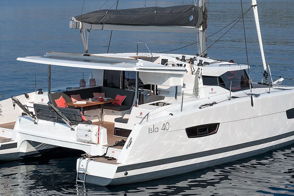 Exterior view of Almiriki, a Fountaine Pajot Isla 40 catamaran at Parikia, Greece