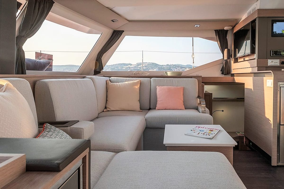 Salon of Almiriki, a Fountaine Pajot Isla 40 catamaran at Parikia, Greece