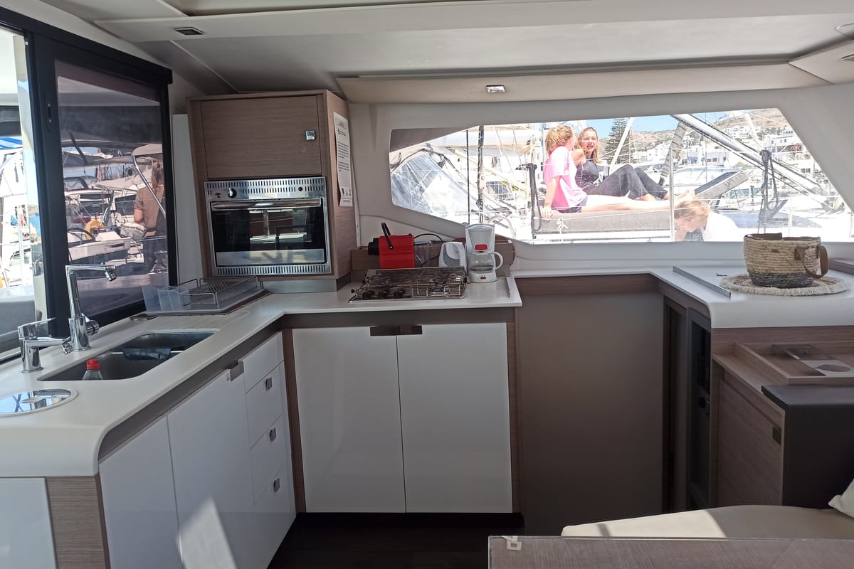 Galley of Almiriki, a Fountaine Pajot Isla 40 catamaran at Parikia, Greece