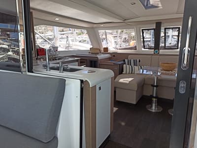 Salon of Almiriki, a Fountaine Pajot Isla 40 catamaran at Parikia, Greece