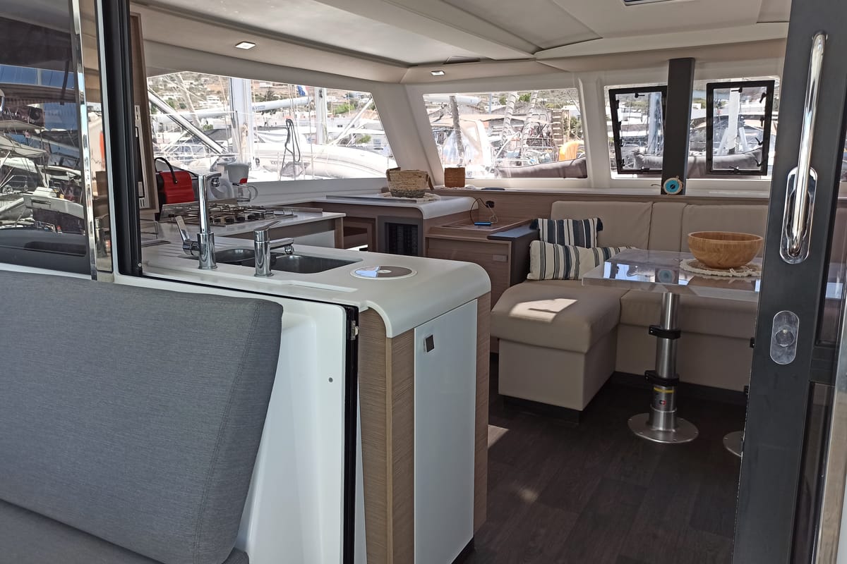 Salon of Almiriki, a Fountaine Pajot Isla 40 catamaran at Parikia, Greece