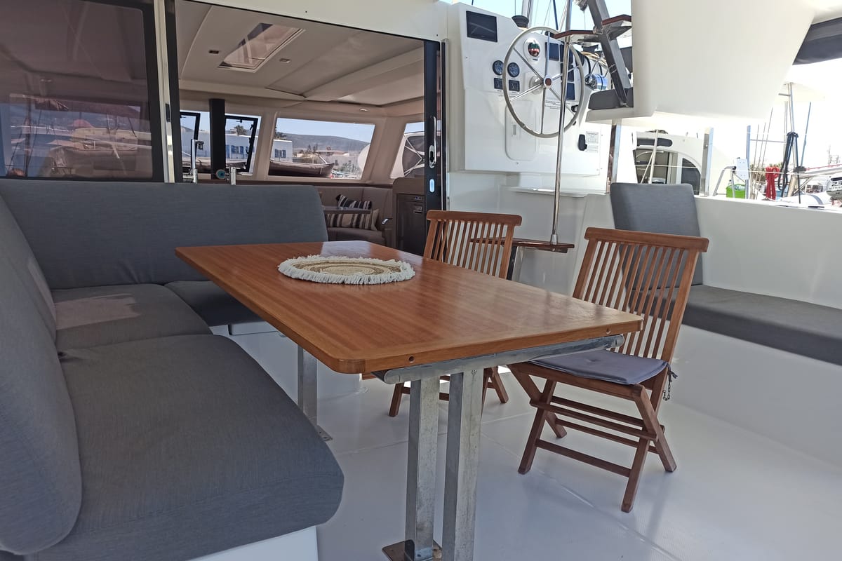 Deck of Almiriki, a Fountaine Pajot Isla 40 catamaran at Parikia, Greece