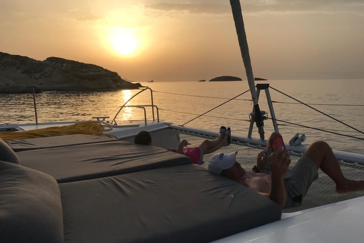 Deck of Almiriki, a Fountaine Pajot Isla 40 catamaran at Parikia, Greece
