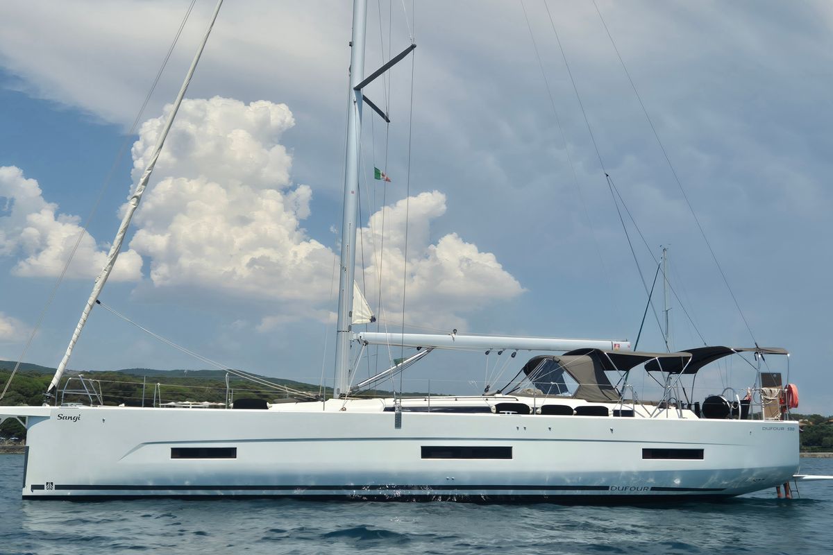 Exterior view of Premium +, a Dufour 530 sailboat at Rosignano Solvay, Italy