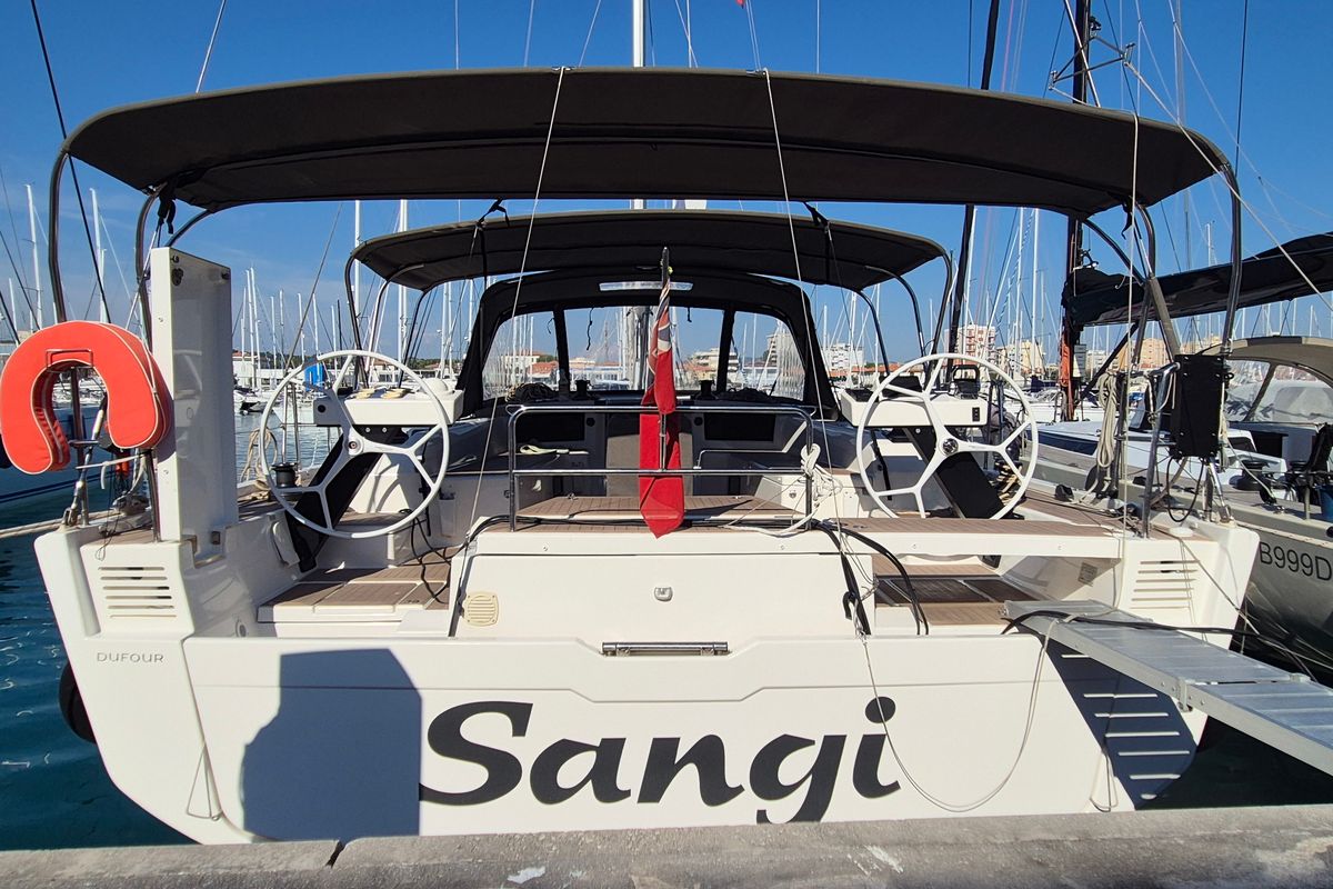 Exterior view of Premium +, a Dufour 530 sailboat at Rosignano Solvay, Italy