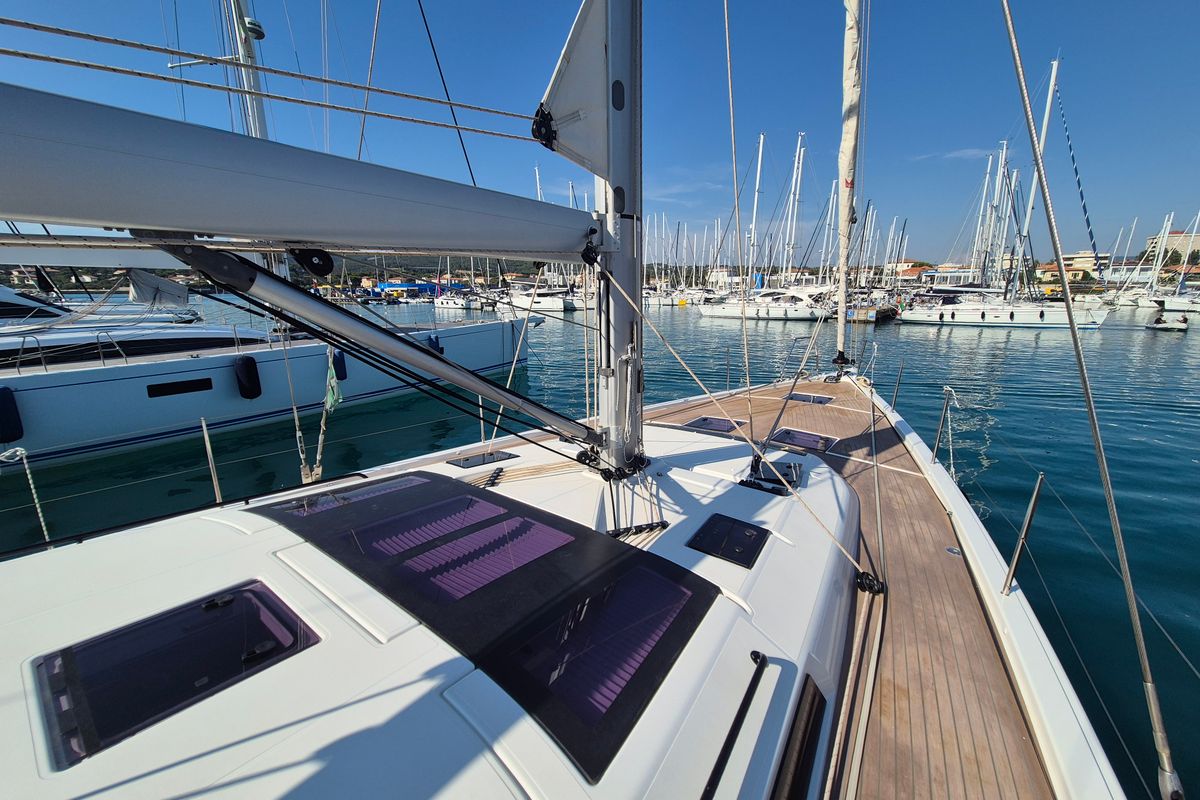 Deck of Premium +, a Dufour 530 sailboat at Rosignano Solvay, Italy