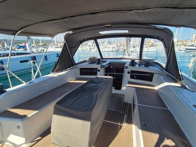 Cockpit of Premium +, a Dufour 530 sailboat at Rosignano Solvay, Italy