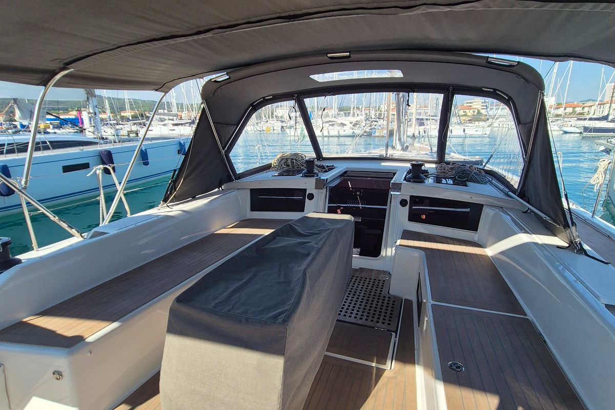 Cockpit of Premium +, a Dufour 530 sailboat at Rosignano Solvay, Italy