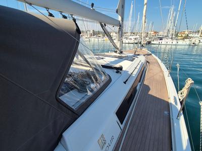 Deck of Premium +, a Dufour 530 sailboat at Rosignano Solvay, Italy