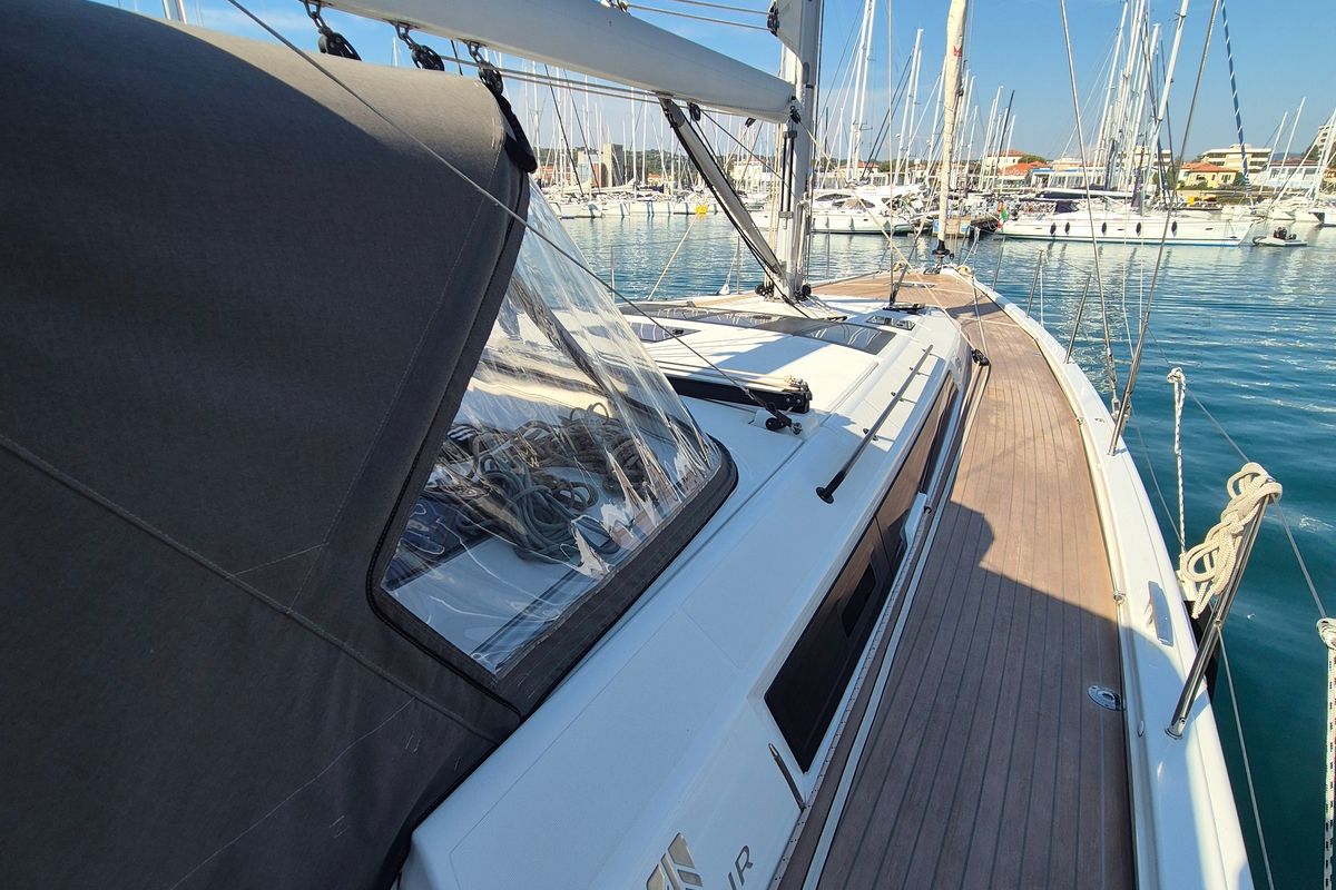 Deck of Premium +, a Dufour 530 sailboat at Rosignano Solvay, Italy