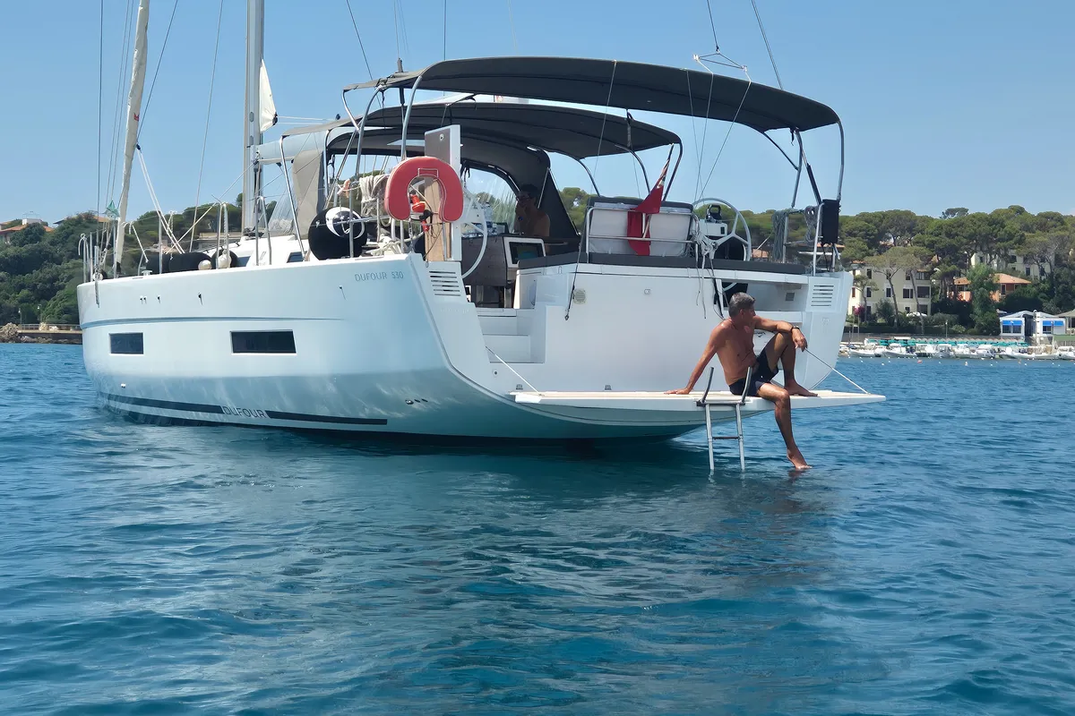 Exterior view of Premium +, a Dufour 530 sailboat at Rosignano Solvay, Italy