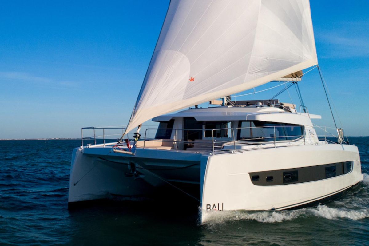Exterior view of Sara, a Bali 4.4 catamaran at Cannigione, Italy
