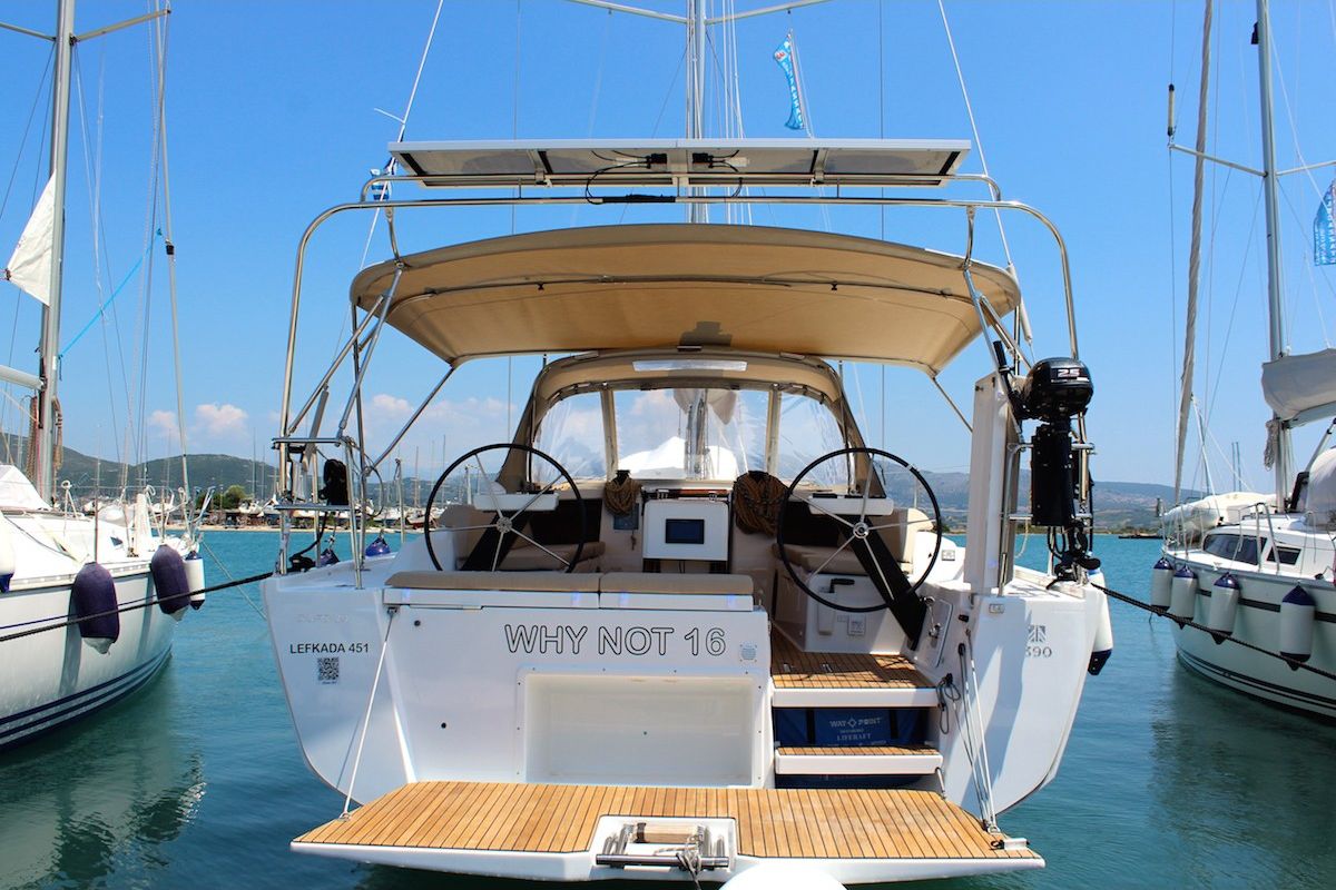 Exterior view of Why Not 16, a Dufour 390 Grand Large sailboat at Municipal Unit of Lefkada, Greece