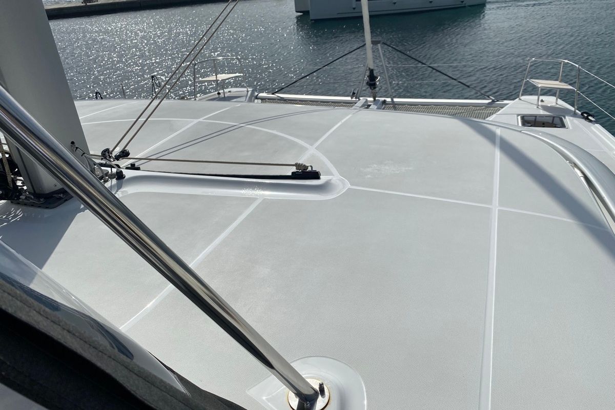 Deck of Archè II, a Lagoon 46 catamaran at Tonnarella, Italy