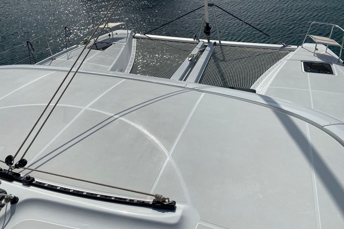 Deck of Archè II, a Lagoon 46 catamaran at Tonnarella, Italy