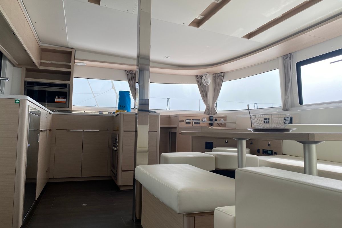 Salon of Archè II, a Lagoon 46 catamaran at Tonnarella, Italy