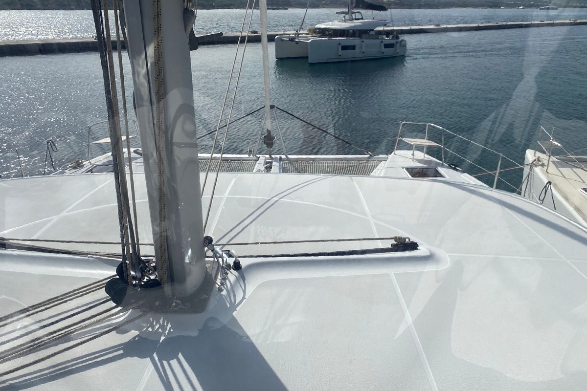 Deck of Archè II, a Lagoon 46 catamaran at Tonnarella, Italy