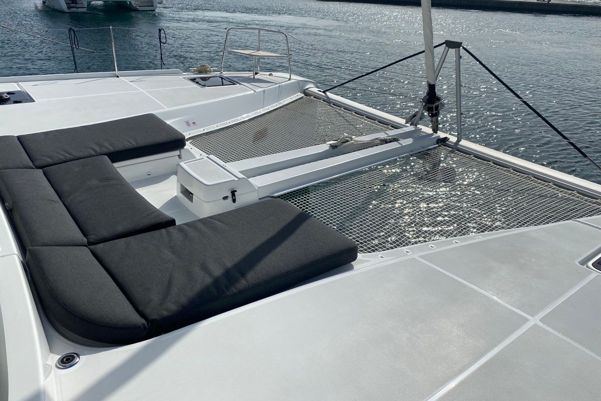 Deck of Archè II, a Lagoon 46 catamaran at Tonnarella, Italy