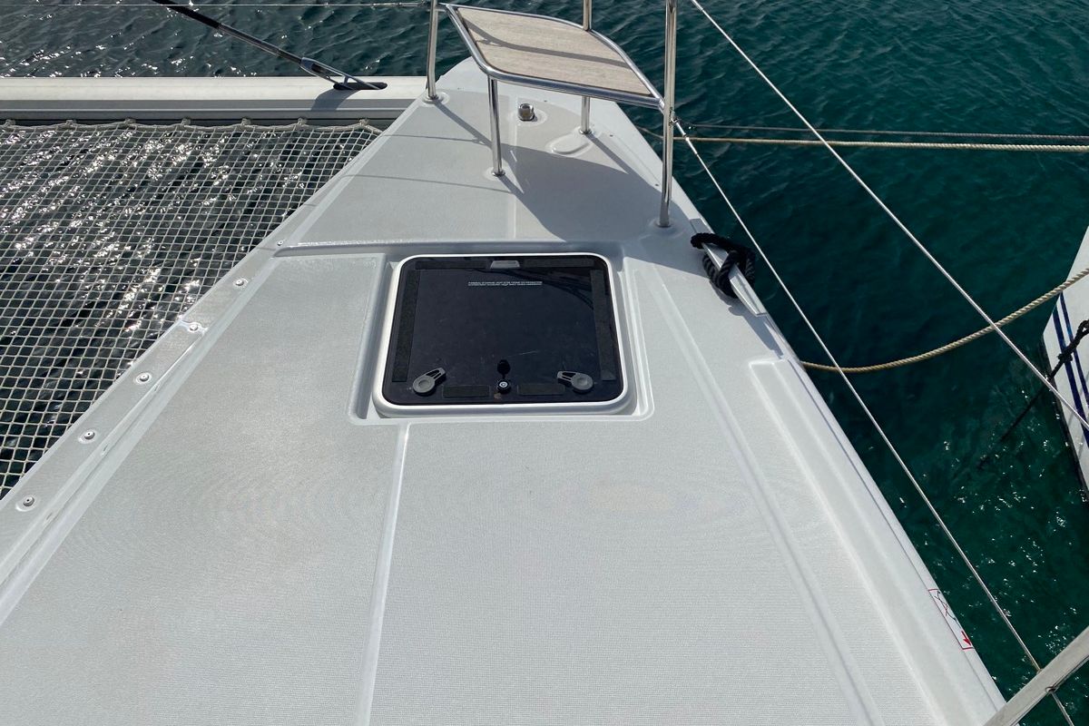 Deck of Archè II, a Lagoon 46 catamaran at Tonnarella, Italy